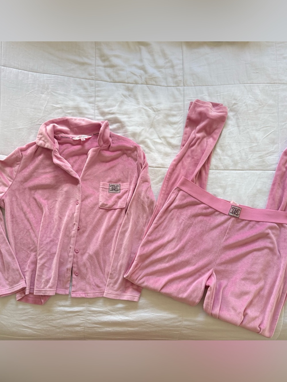 Juicy Couture Light Pink Velour Long Sleeve Button-Up Pajama Lounge Set Size Med